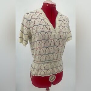 Vintage Cream Knit V-Neck Sweater with Pastel Stripe Accents